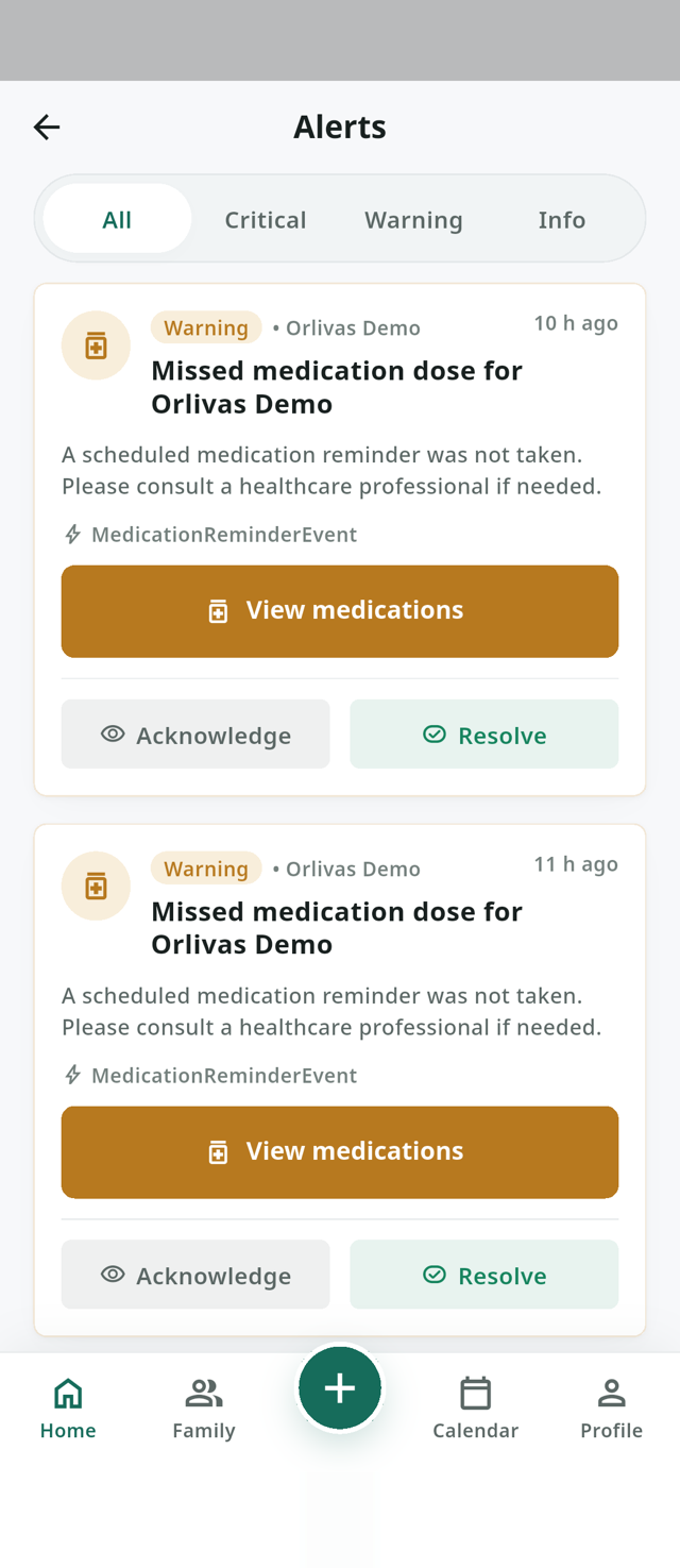 Orlivas caregiver alerts for missed doses and out-of-range readings