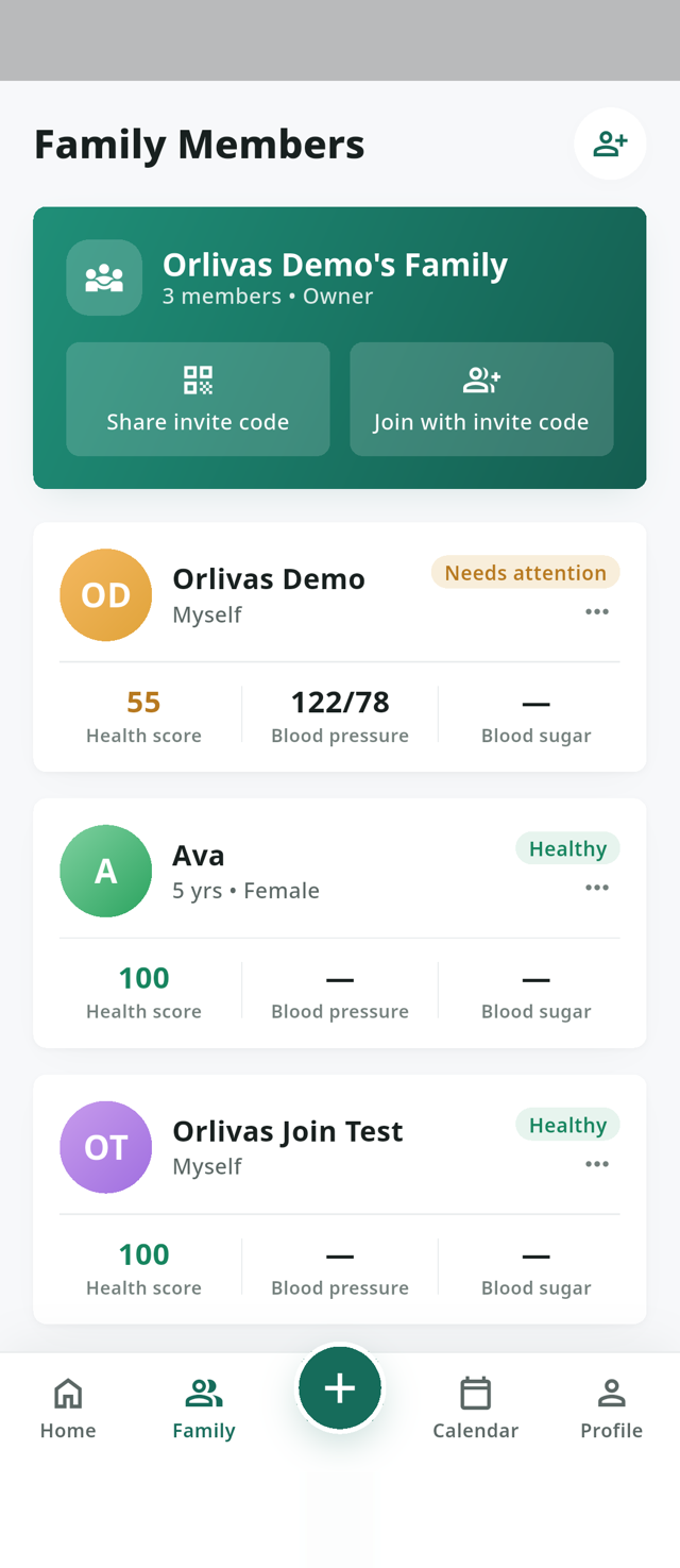 Orlivas family group with managed profiles and caregiver roles