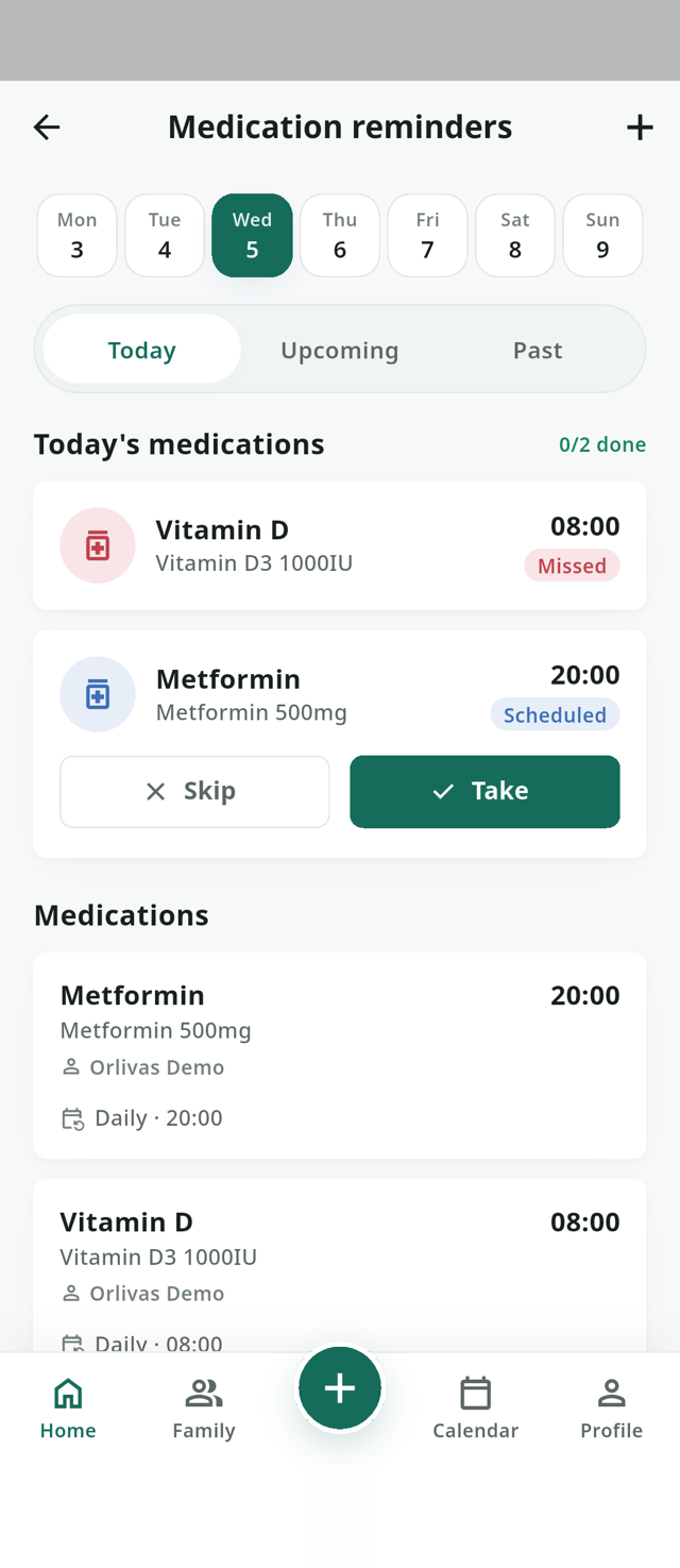 Orlivas medication schedule with a daily dose timeline